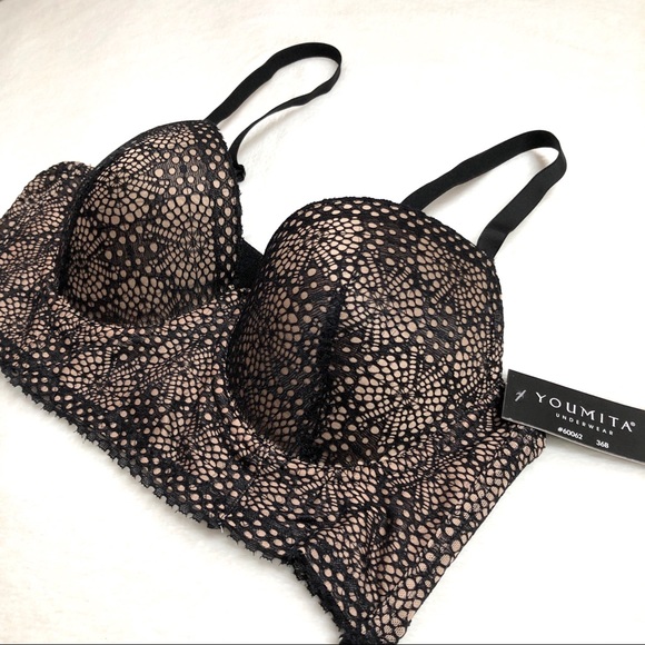 Black Floral Lace Longline Underwire Bra 34 B - Picture 2 of 9